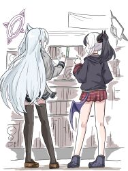  2girls black_hair black_hoodie black_horns black_thighhighs blue_archive brown_shoes commentary_request contrapposto demon_horns from_behind full_body grey_jacket grey_shoes grey_thighhighs halo head_wings highres hood hood_down hoodie horns jacket kayoko_(blue_archive) long_hair long_sleeves multicolored_hair multiple_girls parted_lips plaid_clothes plaid_skirt ponytail purple_wings red_skirt shoes single_head_wing single_wing skirt standing suzumi_(blue_archive) tachikaze_miyako thigh-highs two-tone_hair very_long_hair white_hair white_wings wings 
