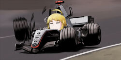  1girl ahoge artist_name blonde_hair car closed_eyes closed_mouth commentary_request deformed driving formula_one formula_racer hoshii_miki idolmaster idolmaster_(classic) kayatsu_urotoma motor_vehicle outdoors race_vehicle racecar signature solo 