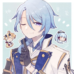  1boy ark_kan black_gloves blonde_hair blue_hair blunt_bangs chibi chibi_inset closed_mouth commentary_request genshin_impact gloves hair_between_eyes head_only headband index_finger_raised japanese_clothes kamisato_ayaka kamisato_ayato long_sleeves looking_at_viewer male_focus mole mole_under_mouth one_eye_closed ponytail sidelocks signature simple_background thoma_(genshin_impact) violet_eyes 