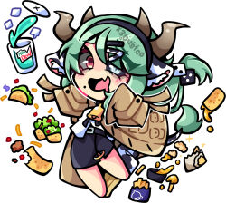  1girl animal_ears bell black_hairband black_sclera black_skirt brown_coat cheese chibi coat colored_sclera cow_ears cow_girl cow_horns cowbell crelly crelly_(crelly_3.0) dice_hair_ornament fang food french_fries green_hair grey_sclera hair_ornament hairband heterochromia highres horns indie_virtual_youtuber long_hair mismatched_sclera mole mole_under_mouth mountain_dew open_mouth ponytail red_eyes salad shirt skin_fang skirt solo taco taco_bell virtual_youtuber white_background white_shirt x3dustco 