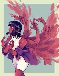  1girl absurdres black_hair blue_background blunt_bangs closed_mouth commentary crossed_arms devil_fruit_power dress english_commentary extra_arms highres medium_hair nico_robin one_piece sleeveless sleeveless_dress smile solo white_dress wigglesdtuff wings 