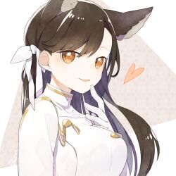  1girl animal_ears ark_kan atago_(azur_lane) azur_lane black_hair breasts brown_eyes commentary_request extra_ears gloves hair_between_eyes hair_ribbon heart jacket large_breasts long_hair long_sleeves looking_at_viewer military military_uniform parted_lips ribbon simple_background solo upper_body white_gloves white_jacket white_ribbon 