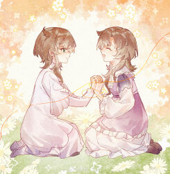  2girls ^_^ absurdres aged_down brown_hair brown_shoes chinese_commentary closed_eyes commentary_request dress face-to-face floral_background from_side gradient_background green_background green_eyes high_heels highres holding_hands interlocked_fingers layered_sleeves long_sleeves looking_at_another menggeyoubinggan merel_(reverse:1999) multiple_girls open_mouth orange_background profile purple_dress reverse:1999 rhiannon_(reverse:1999) seiza shoes short_hair short_over_long_sleeves short_sleeves sitting smile string_around_wrist white_dress white_shoes 