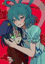  2girls blue_dress blue_hair blue_nails dress green_eyes hair_ornament hair_rings hair_stick highres kaku_seiga looking_at_viewer miyako_yoshika multiple_girls necromantic ofuda ofuda_on_head puffy_short_sleeves puffy_sleeves red_eyes short_hair short_sleeves smile touhou umneri_i yuri 