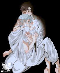  2boys alien_stage aqua_eyes artist_logo artist_name barefoot black_background black_eyes black_hair choker commentary english_commentary gauze gauze_on_cheek grey_hair hani_(pharmacyofheart) highres ivan_(alien_stage) logo male_focus multiple_boys pants red_pupils shirt short_hair till_(alien_stage) very_short_hair white_choker white_pants white_shirt wide-eyed 