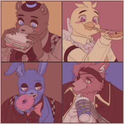  1girl 3boys absurdres beak bear_boy bird_girl black_bow black_bowtie black_hat black_headband black_jacket blue_fur bonnie_(fnaf) bow bowtie brown_fur chica collared_shirt commentary cup doughnut drink drinking eating english_commentary eyepatch five_nights_at_freddy's five_nights_at_freddy's_1 food fox_boy foxy_(fnaf) freddy_fazbear furry furry_female furry_male hat headband highres holding holding_cup holding_donut holding_drink holding_food holding_pizza holding_sandwich jacket multiple_boys pizza rabbit_boy red_fur sandwich shirt yellow_fur yellow_shirt yu_(user_yubyul) 