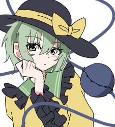  1girl blush blush_stickers closed_mouth collar disembodied_linked_eye eyeball frilled_collar frilled_sleeves frills green_collar green_hair hand_on_own_face hat hat_ribbon head_rest highres komeiji_koishi looking_at_viewer ribbon shirt short_hair simple_background solo touhou unenemiko upper_body white_background white_shirt wide_sleeves 