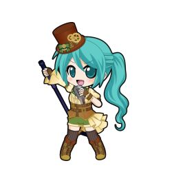  1girl :d aqua_eyes aqua_hair arm_belt arm_up asymmetrical_sleeves black_outline black_thighhighs blush boots bow brown_boots brown_gloves brown_hat chibi chibi_only fingerless_gloves frilled_sleeves frills full_body game_asset gloves green_bow green_shorts half-skirt hat hatsune_miku hatsune_miku_graphy_collection holding holding_microphone holding_microphone_stand long_hair long_sleeves looking_at_viewer microphone microphone_stand open_mouth outline puffy_short_sleeves puffy_sleeves shirt short_sleeves shorts shure_55sh side_ponytail smile solo standing steampunk striped_clothes striped_thighhighs thigh-highs top_hat transparent_background underbust v-shaped_eyebrows vertical-striped_clothes vertical-striped_thighhighs vocaloid yellow_shirt 