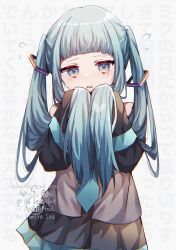  1girl absurdres alternate_hairstyle aqua_hair aqua_necktie aqua_trim arched_bangs artist_name black_skirt black_sleeves blue_eyes blunt_bangs blush commentary_request detached_sleeves flying_sweatdrops grey_background grey_shirt hair_lift hair_ornament hands_up hatsune_miku highres komiya_shuu long_hair long_sleeves looking_at_viewer necktie parted_lips pleated_skirt shirt sidelocks simple_background skirt sleeves_past_fingers sleeves_past_wrists solo tearing_up text_background translation_request twintails untucked_shirt upper_body very_long_hair vocaloid watermark 