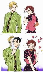  1boy 1girl absurdres black_hair blonde_hair blush couple crernebrulee diamond_wa_kudakenai dress formal_clothes highres husband_and_wife jojo_no_kimyou_na_bouken kawajiri_kosaku kawajiri_shinobu kira_yoshikage necktie pinstripe_pattern pinstripe_shirt shirt 