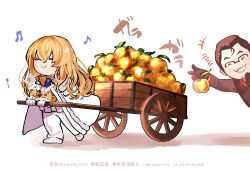  +++ 2boys apple ascot beryl_gut black-framed_eyewear black_gloves black_hair black_shirt blonde_hair blue_ascot blush_stickers cape cart chibi closed_eyes closed_mouth collared_cape commentary_request facial_hair fate/grand_order fate_(series) feathers food frilled_sleeves frills fruit full_body glasses gloves goatee_stubble gold_trim golden_apple grin hair_between_eyes hair_slicked_back hand_up highres holding holding_food holding_fruit jacket kirschtaria_wodime laughing long_hair male_focus multiple_boys musical_note pants pullcart shirt shoes short_hair side_cape simple_background smile stubble sugomori_tsuru_(hana_tsuru_wo) suit theft walking white_background white_cape white_feathers white_gloves white_jacket white_pants white_shoes white_suit 