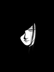 1girl black_background black_hair greyscale head_only highres long_hair looking_at_viewer monochrome original partially_shaded_face shaded_eye shadow solo tp_p_pt 