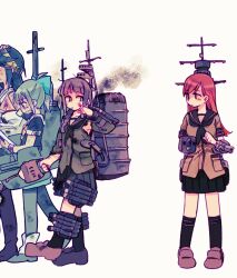  4girls black_hair black_neckerchief black_socks blue_bow bow braid brown_eyes brown_hair brown_shoes closed_mouth commentary_request dirty dirty_face hair_bow hair_over_shoulder haruna_(kancolle) headgear kantai_collection kitakami_(kancolle) kitakami_kai_(kancolle) kneehighs long_hair long_sleeves multiple_girls neckerchief ooi_(kancolle) open_mouth pantyhose pleated_skirt ponytail rigging sailor_collar school_uniform serafuku shoes short_sleeves simple_background skirt smoke socks standing takishima_asaka torn_clothes walking white_background yuubari_(kancolle) 