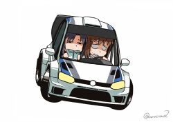  2girls black_hair blank_eyes book brown_hair car commentary_request driving hagiwara_yukiho holding holding_book idolmaster idolmaster_(classic) kayatsu_urotoma kikuchi_makoto motor_vehicle multiple_girls nervous reading short_hair simple_background squinting twitter_username vehicle_request white_background white_car 