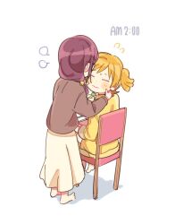  2girls :| =_= antmsekdlteo bad_id bad_twitter_id barefoot bell blush_stickers brown_jacket chair cheek_pinching closed_eyes closed_mouth daiba_nana dot_nose dress facing_another facing_to_the_side flying_sweatdrops full_body hair_bell hair_ornament hands_on_another's_cheeks hands_on_another's_face highres holding holding_pen hoshimi_junna image_sample jacket long_dress long_hair long_sleeves low_side_ponytail multiple_girls on_chair on_cushion pen pinching puff_of_air purple_hair short_hair shoujo_kageki_revue_starlight side_ponytail sidelocks simple_background sitting small_sweatdrop standing swept_bangs timestamp twitter_sample white_background yellow_dress yellow_jacket 