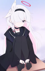  1girl absurdres black_choker black_coat black_eyes black_hairband black_sailor_collar black_shirt blue_archive bow braid choker closed_mouth coat day desk dorsiflexion dot_mouth dot_nose expressionless full_body hair_bow hair_over_one_eye hair_over_shoulder hairband halo hands_on_own_feet highres knees_to_chest knees_up kong_yu long_bangs long_hair long_sleeves looking_at_viewer no_shoes on_desk one_eye_covered outdoors plana_(blue_archive) red_halo red_pupils sailor_collar school_desk shirt short_braid side_braid single_braid sitting sky soles solo very_long_hair white_bow white_hair 