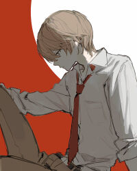  1boy absurdres brown_eyes brown_hair collared_shirt commentary death_note english_commentary from_side highres knee_up male_focus necktie red_background red_necktie shirt short_hair sitting solo tabi_(user_ptmn4345) very_short_hair white_background white_shirt yagami_light 