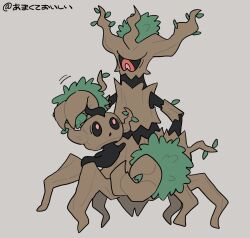  amakuteoish black_sclera colored_sclera commentary_request evolutionary_line floating highres leaf multicolored_eyes no_humans one-eyed phantump pink_eyes pokemon pokemon_(creature) pokemon_focus red_eyes simple_background trevenant two-tone_eyes 