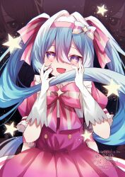  1girl :d absurdres bow commentary_request crying crying_with_eyes_open dress gloves gradient_eyes hair_between_eyes hairband hatsune_miku highres ima_sugu_rinne_(vocaloid) komiya_shuu looking_at_viewer multicolored_eyes open_mouth pink_bow pink_dress pink_hairband pink_sleeves puffy_short_sleeves puffy_sleeves raised_inner_eyebrows short_sleeves smile solo star-shaped_pupils star_(symbol) symbol-shaped_pupils tears twintails two-tone_bow two-tone_dress two-tone_sleeves vocaloid white_bow white_dress white_gloves white_sleeves 