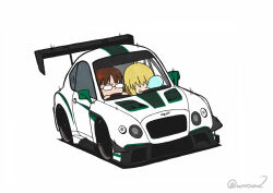  2girls akizuki_ritsuko anger_vein bentley bentley_continental_gt blonde_hair brown_hair car commentary_request deformed driving glasses hoshii_miki idolmaster idolmaster_(classic) kayatsu_urotoma motor_vehicle multiple_girls nose_bubble simple_background sleeping twitter_username white_background white_car 