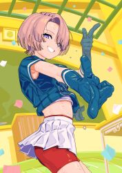  arimura_mao armpits asymmetrical_bangs bike_shorts bob_cut crop_top gakuen_idolmaster gamushara_ni_ikou!_(idolmaster) gloves goyu_moon hair_over_one_eye highres idolmaster midriff miniskirt pink_hair pointing short_hair skirt violet_eyes white_skirt 