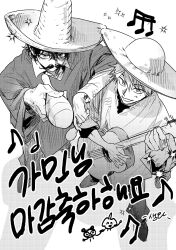  2boys black_eyes black_hair brown_eyes brown_hair choi_jongsu facial_hair garbage_time grin guitar hat highres holding holding_instrument instrument ki_sangho lineart looking_at_viewer male_focus maracas messy_hair mole mole_under_eye monochrome multiple_boys musical_note mustache poncho sengwaa simple_background singing sketch smile sombrero white_background 