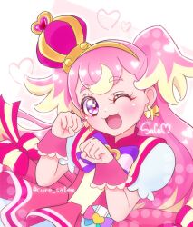  1girl :3 :d ;3 ;d arched_crown artist_name blonde_hair blush bow bright_pupils brooch butterfly_earrings capelet chest_bow clenched_hands colored_tips commentary crown cure_salem cure_wonderful dress dress_bow earrings frilled_wrist_cuffs frills gold_hairband hairband hands_up happy heart heart_background heart_brooch highres inukai_komugi jewelry layered_dress long_hair looking_at_viewer magical_girl medium_dress mini_crown multicolored_bow multicolored_hair one_eye_closed open_mouth pact_holder paw_pose pink_bow pink_capelet pink_crown pink_dress pink_hair pink_wrist_cuffs pouch precure puffy_short_sleeves puffy_sleeves purple_bow short_sleeves signature smile solo striped_bow thick_eyebrows tilted_headwear twitter_username two-tone_hair two_side_up upper_body very_long_hair violet_eyes white_background wonderful_precure! wrist_cuffs yellow_pupils 