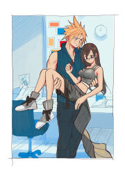  1boy 1girl absurdres analog_clock bare_arms bare_legs bare_shoulders black_hair black_pants black_shorts black_vest blonde_hair blue-framed_eyewear blue_eyes blue_shirt blush border breasts carrying clock closed_mouth cloud_strife couple crop_top english_commentary feet_out_of_frame final_fantasy final_fantasy_vii final_fantasy_vii:_advent_children glasses hetero highres holding holding_pen hugo_artist indoors large_breasts long_hair midriff pants pen popped_collar princess_carry shirt short_hair shorts sleeveless sleeveless_shirt smile spiky_hair standing tank_top tifa_lockhart traditional_media vest white_border white_tank_top 
