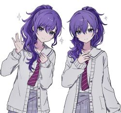  2girls alternate_costume arm_at_side asahina_mafuyu blush buttons cardigan clone closed_mouth colorful_festival_(project_sekai) commentary cosplay diagonal-striped_clothes diagonal-striped_necktie dot_nose grey_skirt hair_between_eyes hair_over_shoulder hand_up hands_up high_ponytail highres hoshino_ichika_(project_sekai) hoshino_ichika_(project_sekai)_(cosplay) jangwa_o long_hair long_sleeves looking_at_viewer multiple_girls necktie open_cardigan open_clothes plaid_clothes plaid_skirt pleated_skirt ponytail project_sekai purple_hair purple_necktie sailor_collar school_uniform shirt shirt_tucked_in sidelocks simple_background skirt sleeves_past_wrists smile straight-on striped_clothes striped_necktie untranslatable_commentary upper_body violet_eyes waving white_background white_cardigan white_sailor_collar white_shirt 