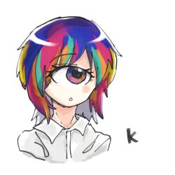  1girl alphabet commentary cyclops dress_shirt highres j-core kyou1110 looking_at_another multicolored_eyes multicolored_hair one-eyed portrait rainbow_eyes rainbow_hair shirt simple_background solo triangle_mouth white_background white_shirt wolf_cut 