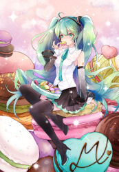  1girl ahoge aqua_eyes aqua_hair aqua_necktie aqua_ribbon aqua_trim black_skirt black_thighhighs blush breasts collared_shirt commentary_request detached_sleeves food food_in_mouth full_body hair_between_eyes hair_ornament hatsune_miku hatsune_miku_(nt) highres holding holding_food holding_macaron layered_sleeves long_hair long_sleeves looking_at_viewer macaron medium_breasts monyo0303 necktie official_alternate_costume piapro_studio pleated_skirt ribbon see-through_clothes see-through_sleeves shirt sitting skirt sleeveless sleeveless_shirt smile solo sparkle thigh-highs twintails very_long_hair vocaloid white_shirt 