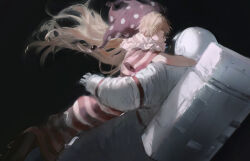  1girl 1other absurdres ambiguous_gender american_flag_dress astronaut blonde_hair clownpiece commentary dress hat helmet highres hug jester_cap long_hair neck_ruff pink_hat polka_dot polka_dot_headwear purple_hat sawararado short_sleeves space_helmet striped_clothes striped_dress touhou very_long_hair 