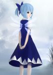  alternate_hairstyle arms_behind_back bad_id blue_eyes blue_hair bow cirno fakkuma fakkuma_kouroumue from_behind hair_bow looking_back ponytail short_hair solo standing touhou wings 