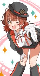  absurdres ahoge aroon bent_over breasts brown_eyes brown_hair gakuen_idolmaster gloves hair_rings hanami_ume hand_on_own_knee hat highres idolmaster jacket large_breasts legs one_eye_closed open_clothes open_jacket red_ribbon ribbon shirt short_hair smile white_gloves white_shirt 
