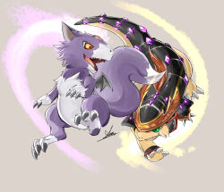  absurdres bat_wings brown_eyes claws commentary_request digimon digimon_(creature) dorumon gizamond green_eyes highres looking_at_another mini_wings no_humans purple_fur ryudamon tail two-tone_fur white_fur wings 