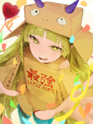  1girl blush commentary_request confetti dot_nose green_eyes green_hair heart highres horns long_hair mairimashita!_iruma-kun open_mouth outstretched_arms purple_horns red_nails sharp_teeth shirt solo sui_(sub072132187053) teeth upper_body upper_teeth_only valac_clara yellow_shirt 