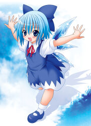  1girl aiu_kaho aqua_hair blue_dress blue_ribbon blue_shoes cirno commentary_request detached_sleeves dress hair_ribbon ice ice_wings looking_at_viewer open_mouth outstretched_arms puffy_short_sleeves puffy_sleeves ribbon shadow shoes short_hair short_sleeves smile socks solo touhou white_socks wings 