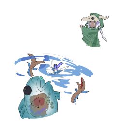  1girl animal_skull chibi chinese_commentary cloak commentary_request corrupt_heart_(slay_the_spire) dark-skinned_female dark_skin eel fish green_cloak highres long_hair mask organs phantasmal_gardener see-through_body simple_background skull-shaped_hat skull_mask skull_on_head slay_the_spire slay_the_spire_2 soul_fysh splashing the_silent_(slay_the_spire) throwing white_background white_hair yzj21333 