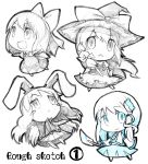  blue bow bunny_ears cirno kirisame_marisa kochiya_sanae lowres monochrome rabbit_ears reisen_udongein_inaba taikou_denka touhou 