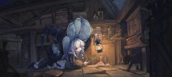  1girl black_hat cat ceco_haizaio commentary_request expressionless green_eyes hat highres holding holding_lantern holding_plant indoors jar lantern looking_at_animal original plant solo white_hair witch witch_hat 