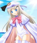  blue_eyes bow buttons cape fang hat kiyu large_buttons little_busters! little_busters!! long_hair noumi_kudryavka one-piece_swimsuit school_swimsuit silver_hair swimsuit thigh-highs thighhighs white_school_swimsuit 