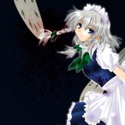  1girl apron blood blood_on_clothes blue_dress blue_eyes braid clock closed_mouth commentary_request cowboy_shot dress green_ribbon grey_hair hair_ribbon izayoi_sakuya looking_at_viewer maid maid_apron medium_hair puffy_short_sleeves puffy_sleeves ribbon shirt short_sleeves solo touhou twin_braids white_shirt yuzuka_hisagi 
