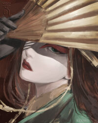  1girl absurdres artist_name avatar:_the_last_airbender avatar_legends brown_hair closed_mouth commentary english_commentary eyeshadow facepaint green_eyes hand_fan highres holding holding_fan kyoshi_(avatar) long_hair looking_at_viewer makeup red_eyeshadow sleemonkv solo upper_body white_facepaint 