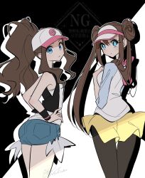  2girls baseball_cap black_vest commentary_request cutoffs denim denim_shorts exposed_pocket hat high_ponytail highres hilda_(pokemon) multiple_girls open_clothes open_vest poke_ball_print pokemon pokemon_black_2_and_white_2 pokemon_black_and_white ponytail rosa_(pokemon) shorts vest wakuno_lemon wristband 
