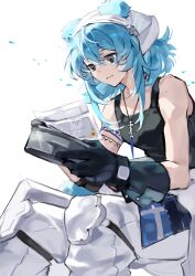  1girl absurdres animal_ears arknights arm_tattoo bandana bear_ears bear_girl black_gloves black_shirt black_tank_top blue_hair box breasts bumian_shi chinese_commentary closed_mouth commentary_request crackborne_(arknights) feet_out_of_frame gloves grey_eyes highres holding holding_box jewelry looking_at_object looking_down necklace pants paper shirt short_hair simple_background sitting small_breasts solo tank_top tattoo white_background white_bandana white_pants 