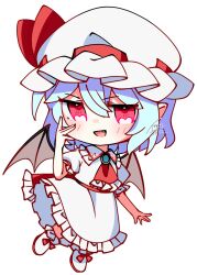  1girl ascot bat_wings blue_hair blush boots brooch chibi chibi_only commentary_request fang frilled_skirt frills full_body hair_between_eyes hat hat_ribbon heart heart_in_eye highres illust_atelier3 jewelry medium_hair mob_cap one-hour_drawing_challenge open_mouth pointy_ears puffy_short_sleeves puffy_sleeves red_ascot red_eyes remilia_scarlet ribbon shirt short_sleeves signature simple_background skirt skirt_set smile solo symbol_in_eye touhou white_background white_boots white_hat white_shirt white_skirt wings 