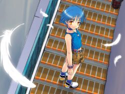  1girl androgynous belt blue_choker blue_hair blue_socks blue_tank_top brick_stairs brown_shorts choker closed_mouth collarbone commentary_request falling_feathers feathers from_above full_body kurosu_tsugutoshi looking_at_viewer looking_up on_stairs orange_eyes original railing red_belt shoes short_hair shorts smile socks solo standing tank_top white_shoes 