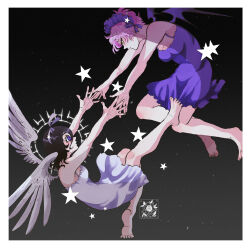  2girls alien_stage angel_wings artist_logo artist_name barefoot black_background black_dress black_hair black_headdress black_wings border demon_wings dress hair_ribbon hani_(pharmacyofheart) headdress highres logo mizi_(alien_stage) multiple_girls official_alternate_costume outstretched_arms pink_hair reaching reaching_towards_another ribbon short_hair sleeveless sleeveless_dress spaghetti_strap star_(symbol) sua_(alien_stage) very_short_hair violet_eyes white_border white_dress white_ribbon white_wings wide-eyed wings yellow_eyes 