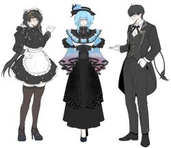 1boy 2girls absurdres alternate_costume apron bespectacled black_bow black_bowtie black_coat black_dress black_gloves black_hair black_hat black_pants black_shoes black_thighhighs black_vest blue_hair blue_shrug bow bowtie breasts closed_mouth coat colored_eyelashes commentary dress dual_persona english_commentary female_rover_(wuthering_waves) full_body glasses gloves hair_between_eyes hand_in_pocket hand_up hat high_heels highres large_breasts long_hair long_sleeves looking_at_viewer maid_headdress male_rover_(wuthering_waves) multiple_girls own_hands_clasped own_hands_together pants parted_lips round_eyewear rover_(wuthering_waves) shirt shoes shorekeeper_(wuthering_waves) shrug_(clothing) simple_background smile standing thigh-highs thighs tu_thanh vest violet_eyes waistcoat white_background white_gloves white_shirt wuthering_waves yellow_eyes 
