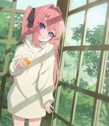  1girl black_ribbon blue_eyes commentary cup hair_intakes hair_ribbon highres holding holding_cup kamiina_botan kamiina_botan_yoeru_sugata_wa_yuri_no_hana kong_yu long_hair long_sleeves pink_hair ribbon sweater tree turtleneck turtleneck_sweater two_side_up white_sweater 